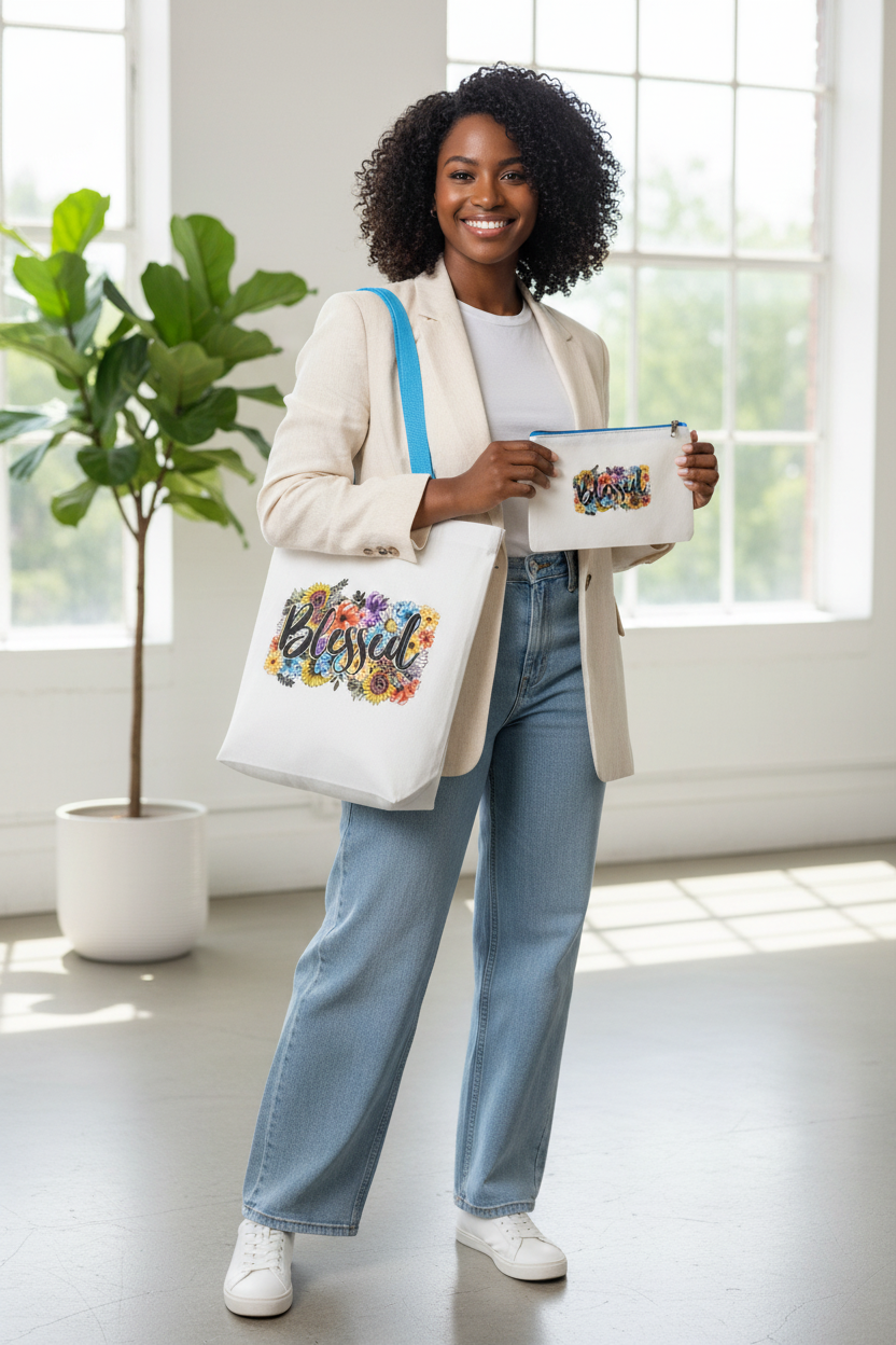 Black female model with Blessed tote bag and pouch
